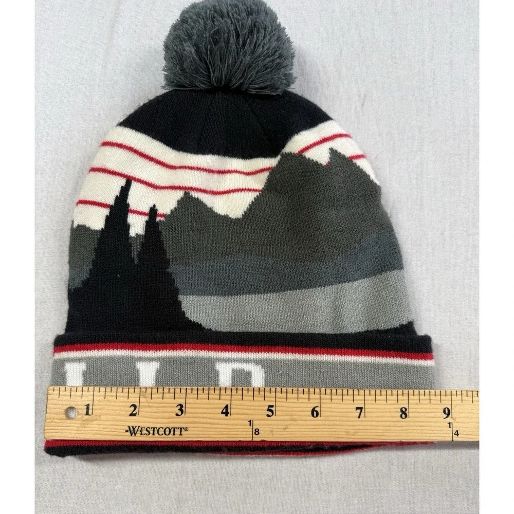 LL Bean Pom Pom Beanie Winter Hat Blue Gray Adult Unisex OSFA Stretch Mountains